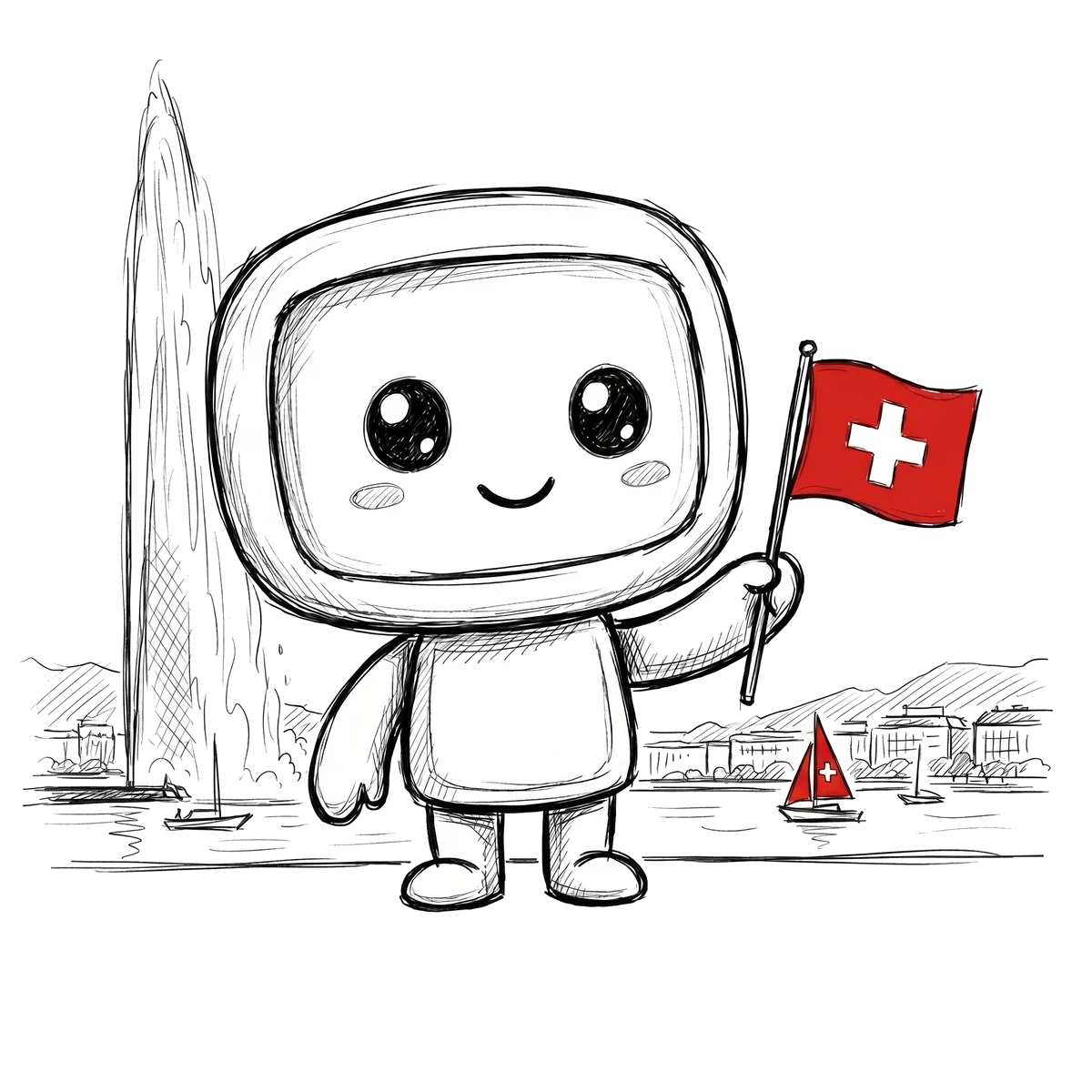 Mascotte NexaLab devant le Jet d'eau de Genève